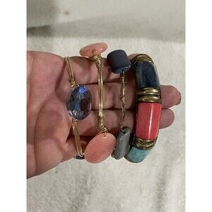 BAUBLEBAR Bangle Bracelets Lot of 3 Wired Beaded Gold With Blue & Orange Stone